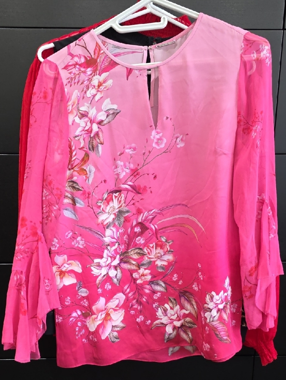 Elie Tahari Designer Silk Floral Pink Long Sleeve Blouse Shirt Small
